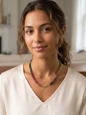 Multi-Color Beaded Gemstone Necklace & Stainless Steel Clasp